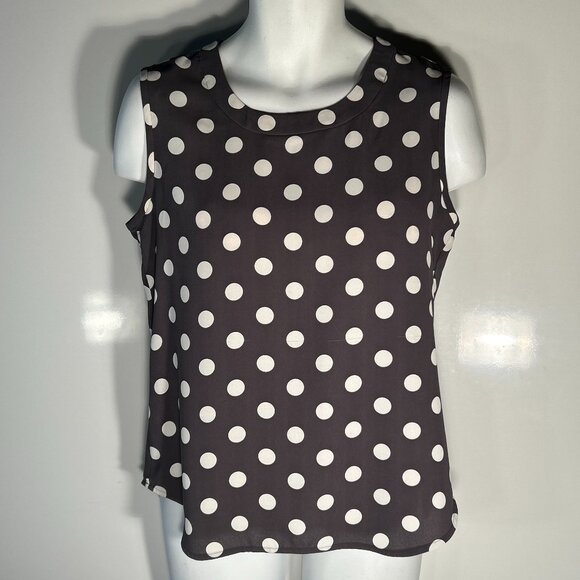 Anne Klein SZ S Silky sleeveless gray & white polka dot top Modern Office Staple - Picture 1 of 7